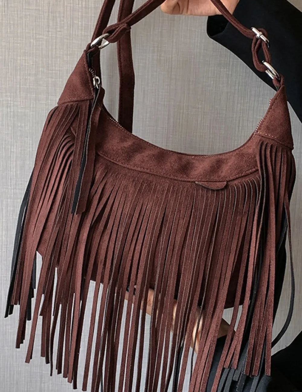 Dark Brown One Size Suede Fringe Adjustable Strap Shoulder Bag | Handbags Daverri Fashions