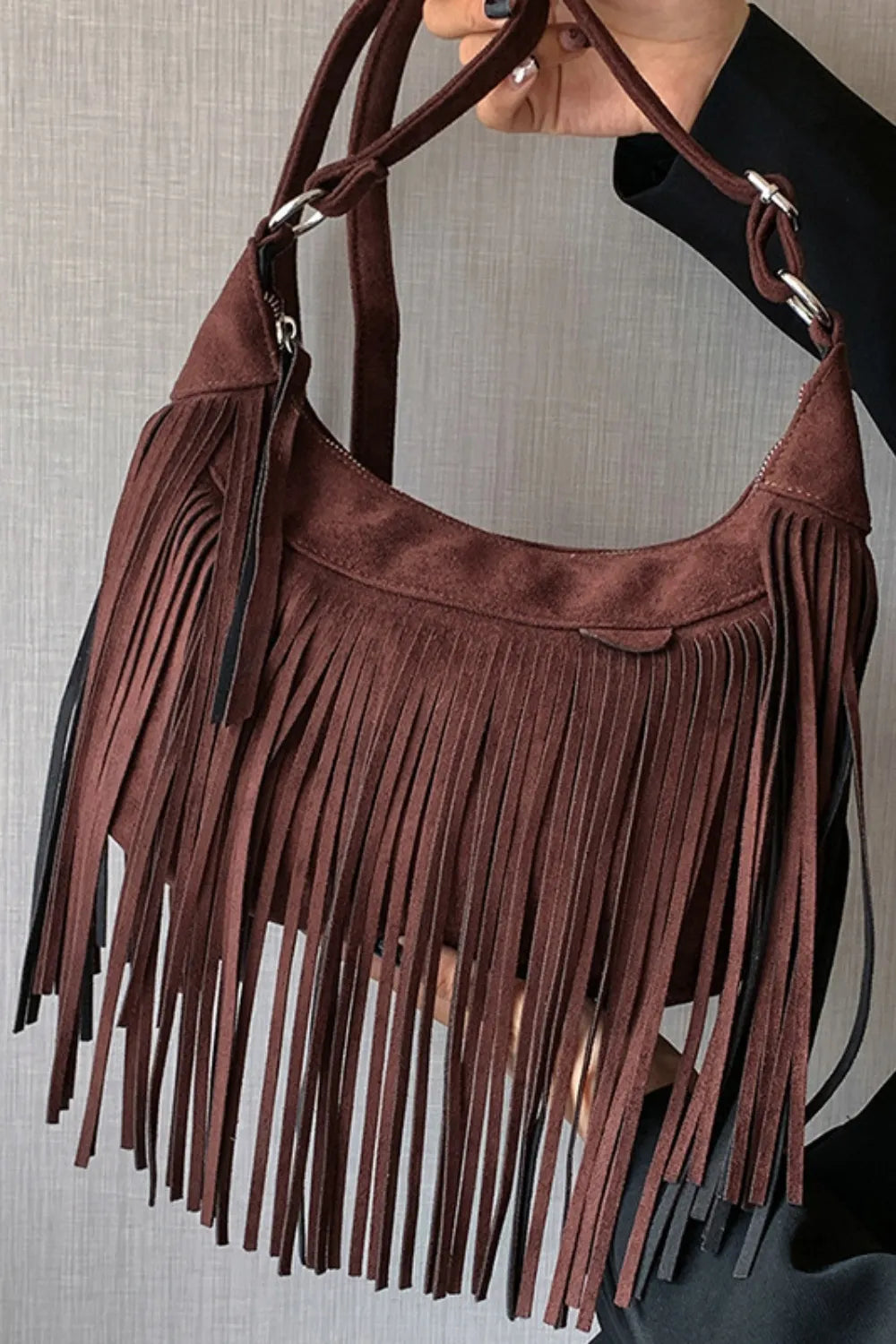 Dark Brown One Size Suede Fringe Adjustable Strap Shoulder Bag | Handbags Daverri Fashions