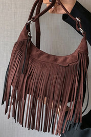 Dark Brown One Size Suede Fringe Adjustable Strap Shoulder Bag | Handbags Daverri Fashions