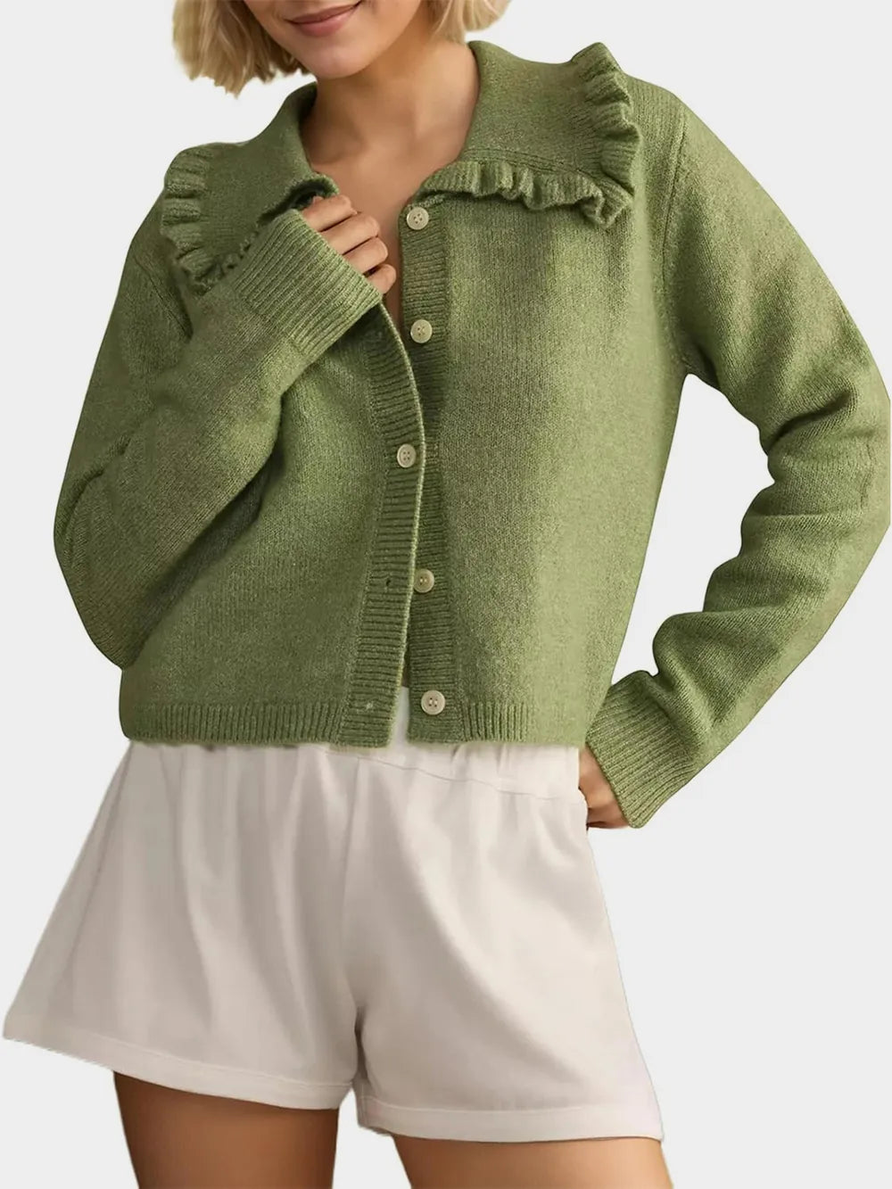 Frill Button Up Collared Neck Long Sleeve Cardigan | Cardigans Daverri Fashions