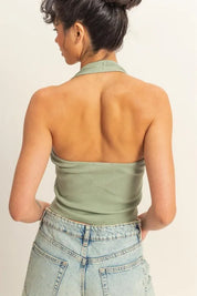 HYFVE Halter Neck Buttoned Washed Top | Tops Daverri Fashions