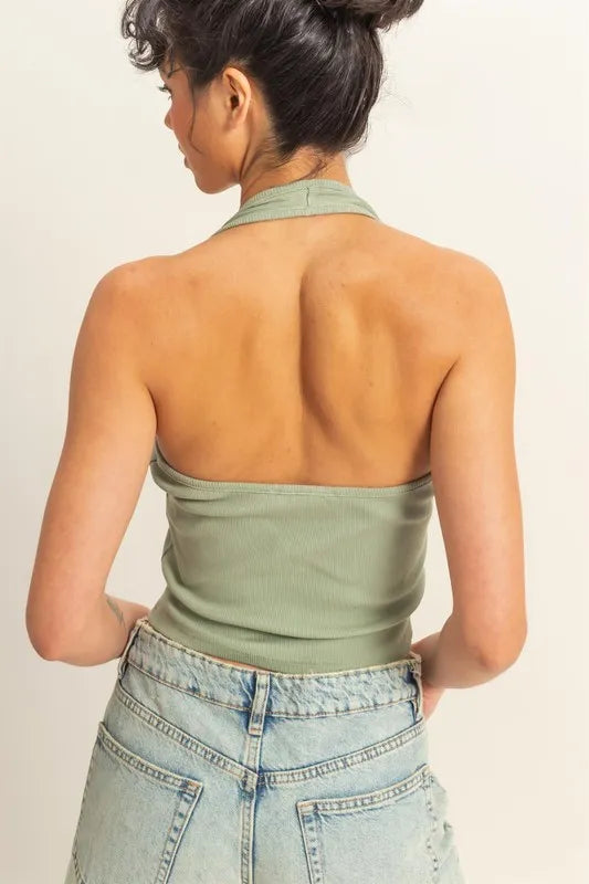 HYFVE Halter Neck Buttoned Washed Top | Tops Daverri Fashions