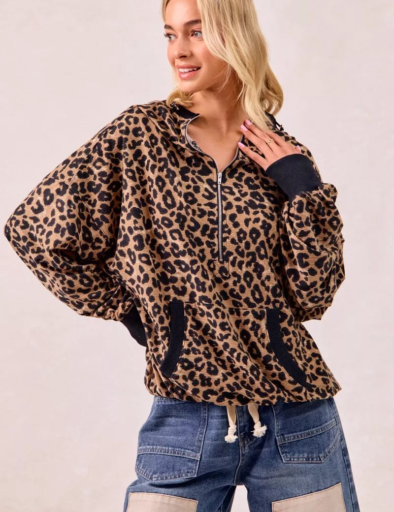BiBi Leopard Print Waffle Half Zip Up Hoodie W Pocket | Hoodies Daverri Fashions