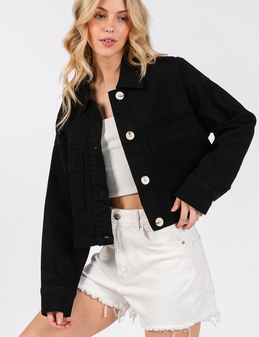Black bytos Button Down Cropped Denim Jacket with Patch Pockets | Denim Jackets Daverri Fashions