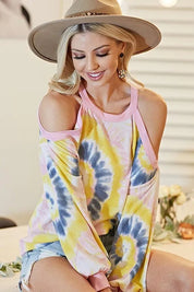 BiBi Tie Dye Print Terry Top with Cold Shoulder Detail | Tops Daverri Fashions