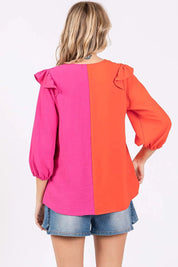 GeeGee Full Size Ruffle Trim Contrast Blouse | Daverri Fashions