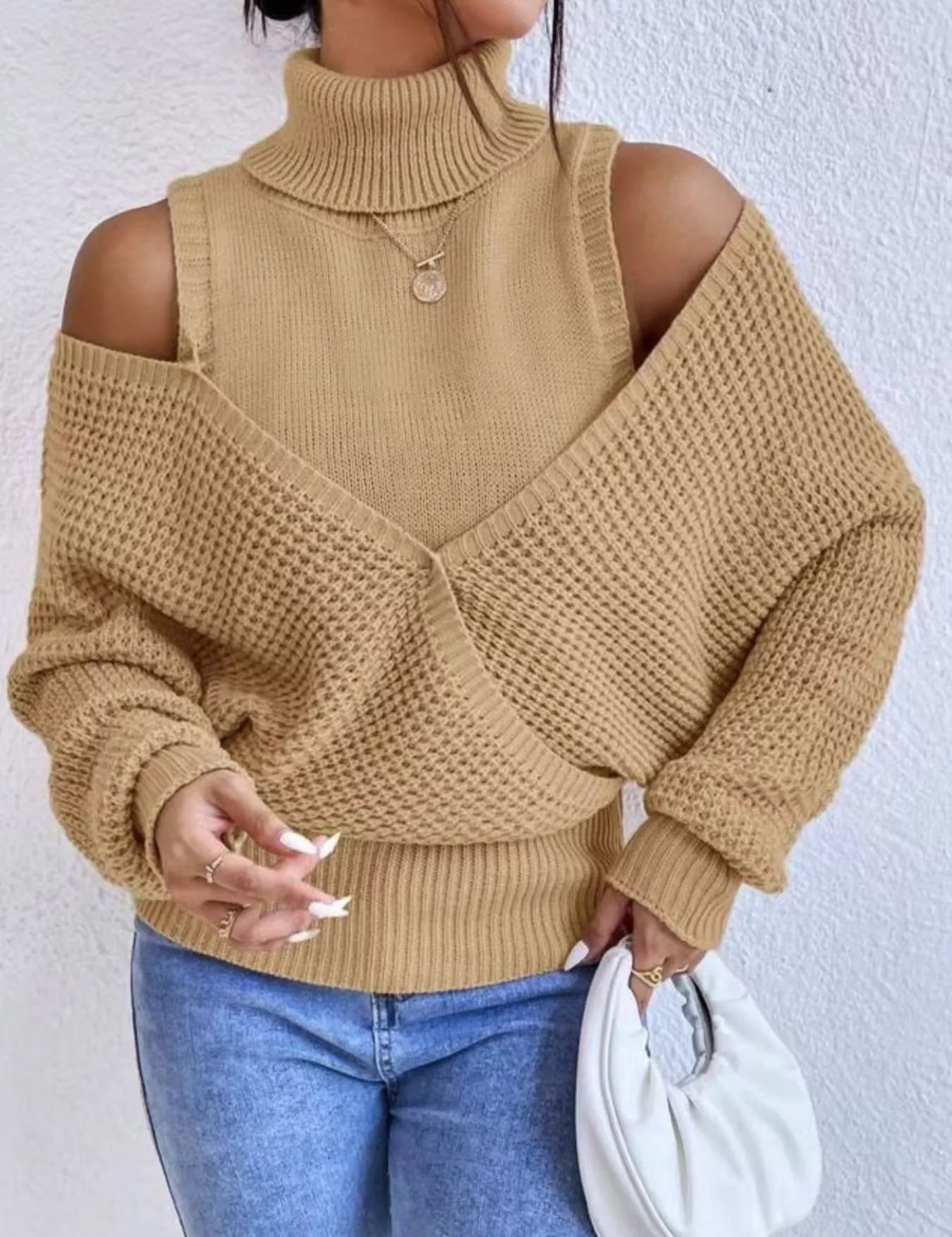 Camel Waffle Knit Cold Shoulder Turtleneck Sweater | Sweaters Daverri Fashions