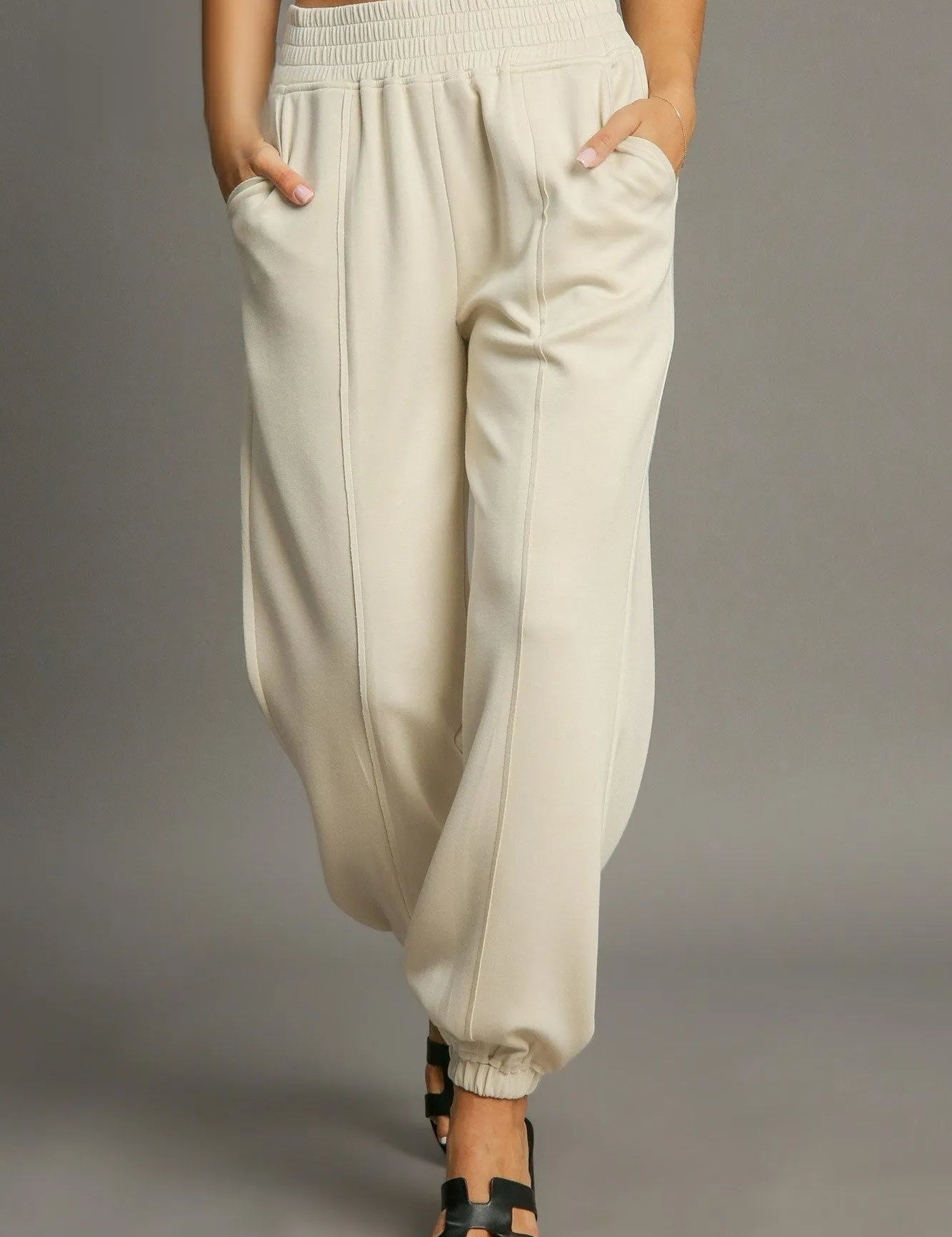 ECRU Umgee Drawstring Jogger Pants with Front Seam Detail Ecru | Joggers Daverri Fashions