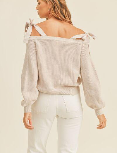 MABLE Off Shoulder Self Tie Strap Button Down Sweater | Sweaters Daverri Fashions