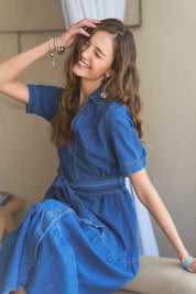 ADORA Tiered Button Down Tie Waist Short Sleeve Denim Dress | Daverri Fashions