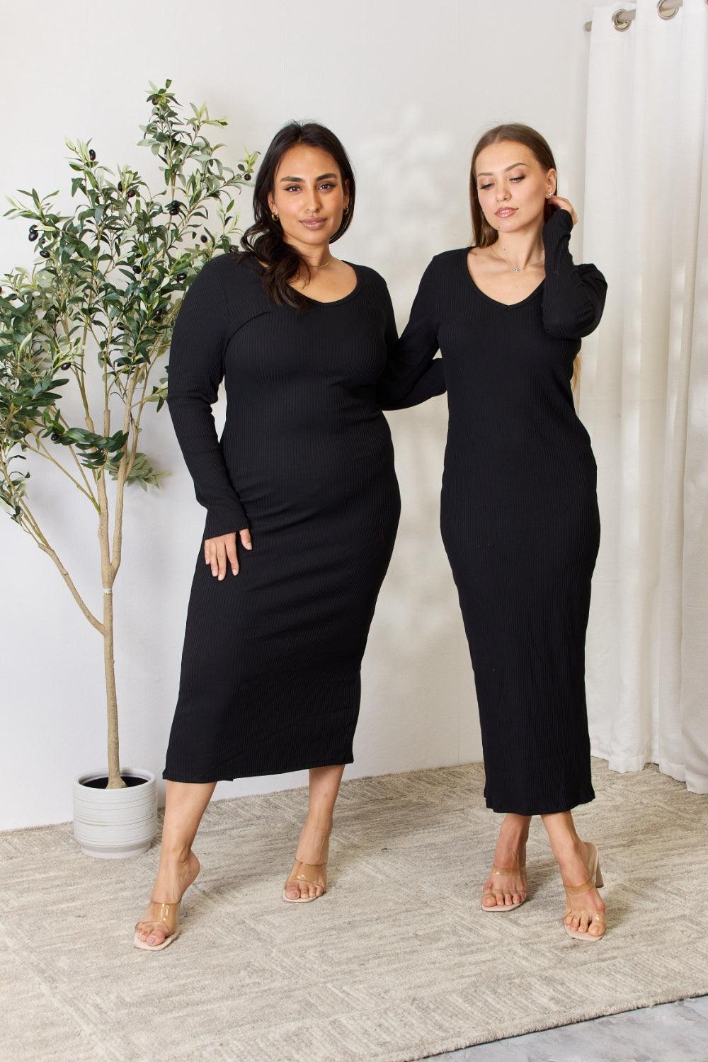 Culture Code Ribbed Long Sleeve Midi Slit Dress | Midi Dresses Daverri Fashions