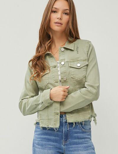 RISEN Full Size Raw Hem Button Up Cropped Denim Jacket Plus Size | Daverri Fashions