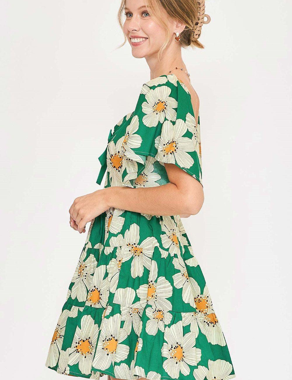 Umgee Full Size Daisy Print Mini Dress with Ribbon Details Plus Size | Mini Dresses Daverri Fashions