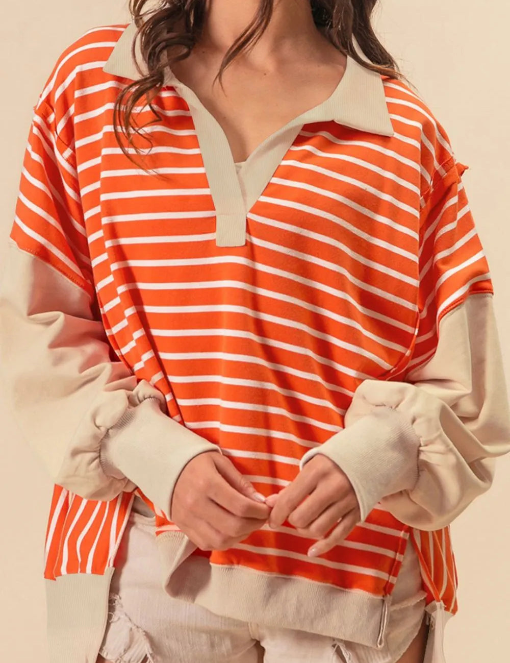 Tangerine Striped Johnny Collar Long Sleeve Sweatshirt | Sweatshirts Daverri Fashions