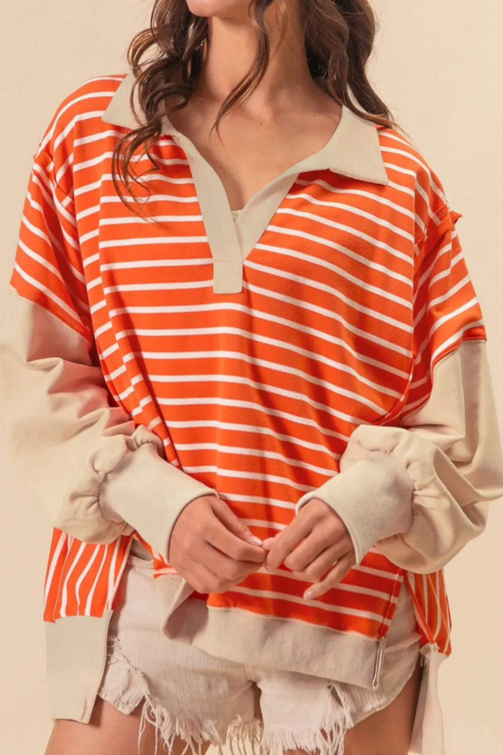 Tangerine Striped Johnny Collar Long Sleeve Sweatshirt | Sweatshirts Daverri Fashions