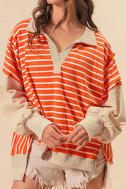 Tangerine Striped Johnny Collar Long Sleeve Sweatshirt | Sweatshirts Daverri Fashions