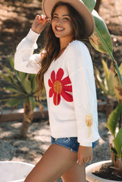 Big Flower Pattern V Neck Drop Shoulder Sweater | Sweaters Daverri Fashions