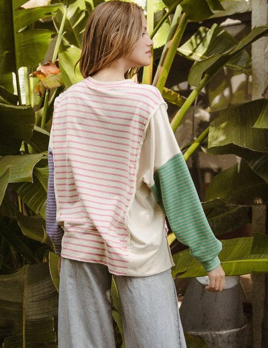 BiBi Exposed Seam Slit Striped Round Neck T-Shirt | T-Shirts Daverri Fashions