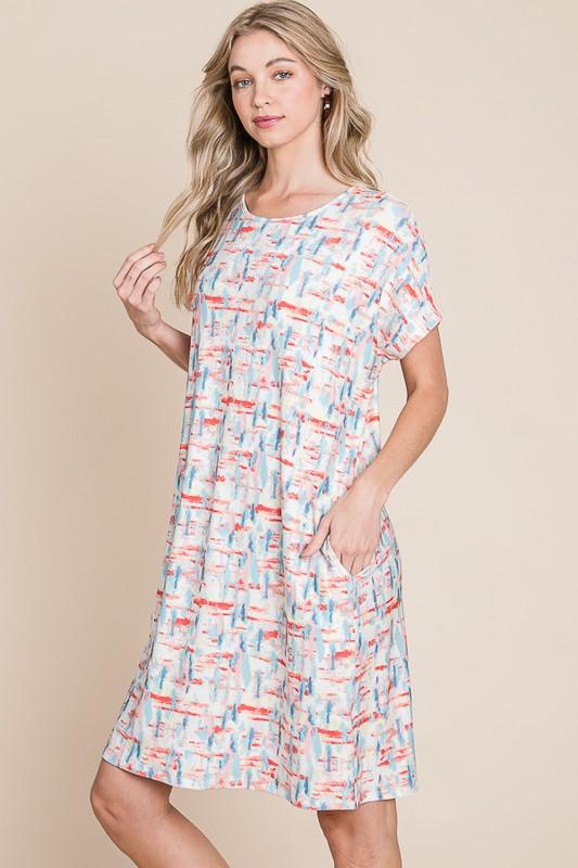 BOMBOM Printed Round Neck Short Sleeve Tee Dress | Daverri Fashions