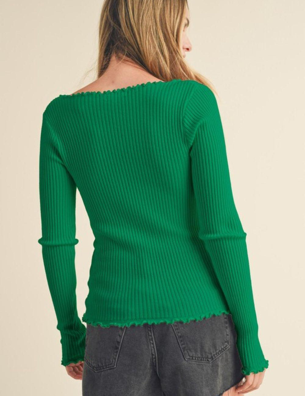Aemi + Co Lettuce Hem Scoop Neck Long Sleeve Knit Top | Tops Daverri Fashions