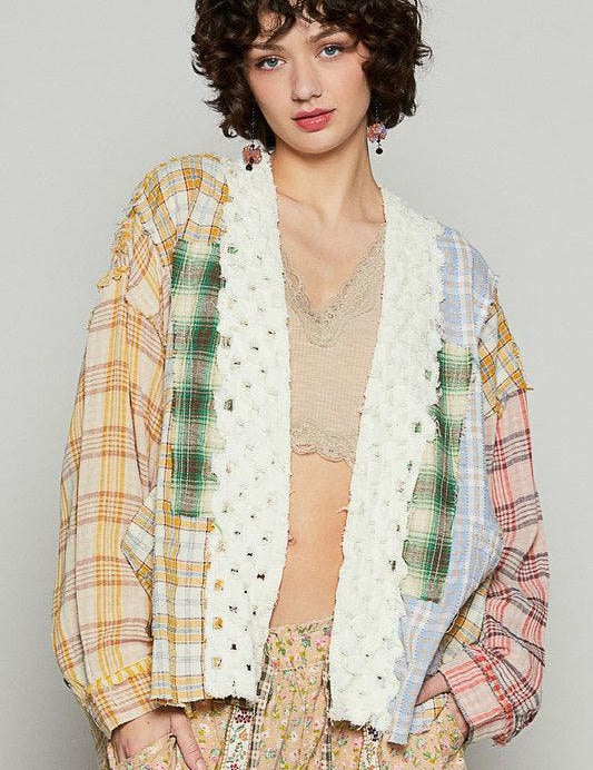 YELLOW RED MULTI L POL Raw Edge Plaid Open Front Cardigan | Cardigans Daverri Fashions