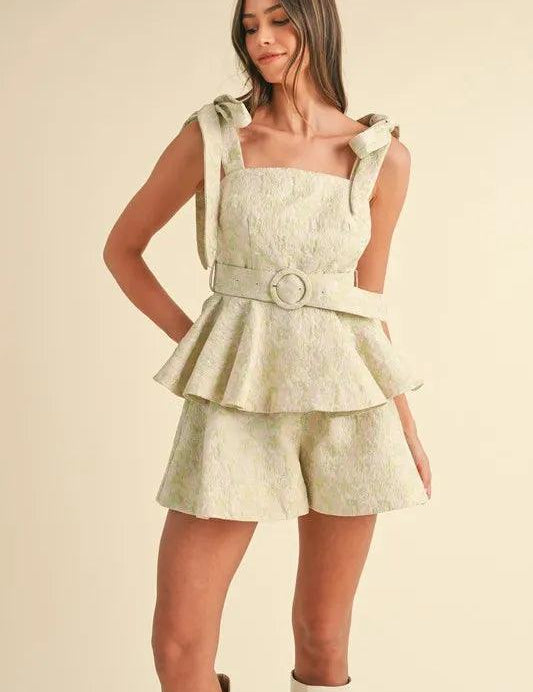 Sage Blush S MABLE Jacquard Floral Peplum Top and Flare Shorts Set | Outfit Sets Daverri Fashions