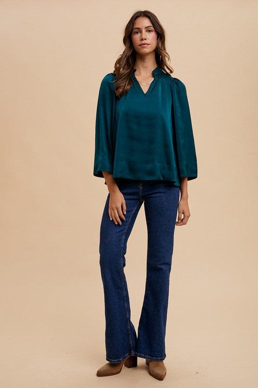 Annie Wear Satin Notched Three-Quarter Sleeve Blouse | Blouses Daverri Fashions