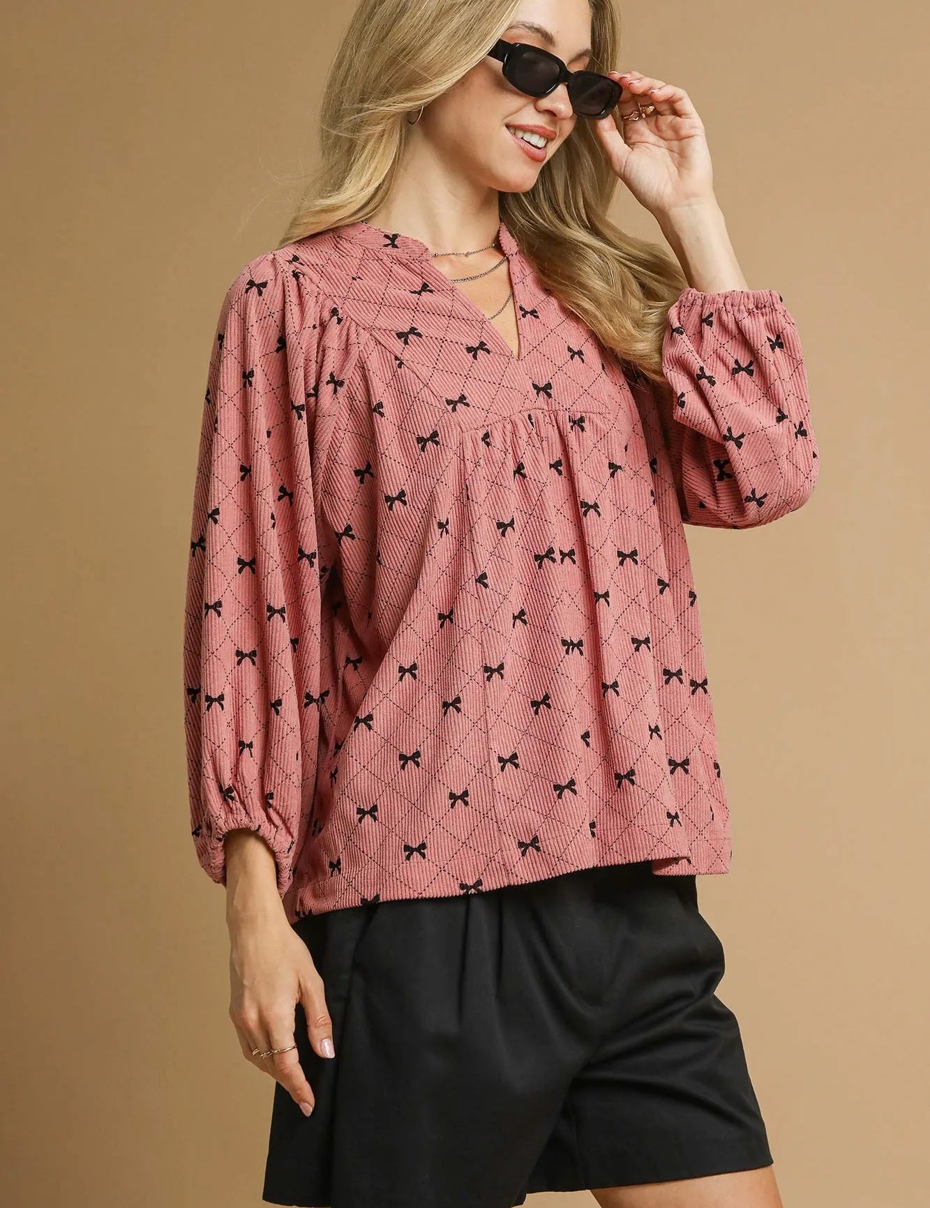 Umgee Corduroy Bow Print Balloon Sleeve Blouse | Blouses Daverri Fashions