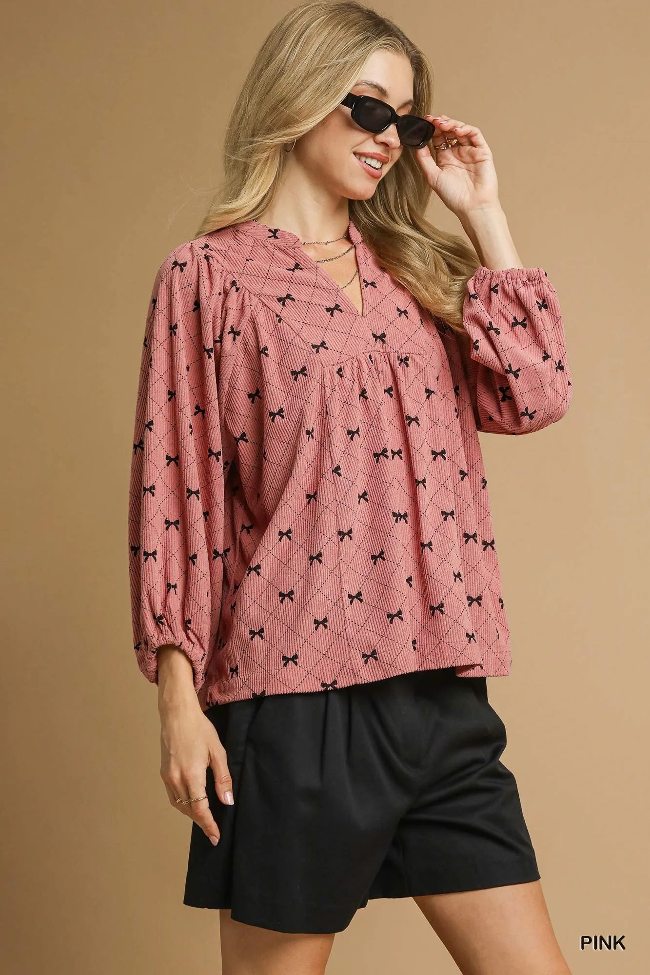 Umgee Corduroy Bow Print Balloon Sleeve Blouse | Blouses Daverri Fashions