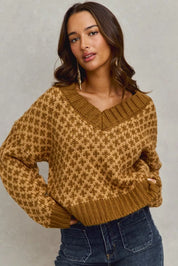 SO ME Color Block Textured Christmas Sweater V Neck Top | Sweaters Daverri Fashions