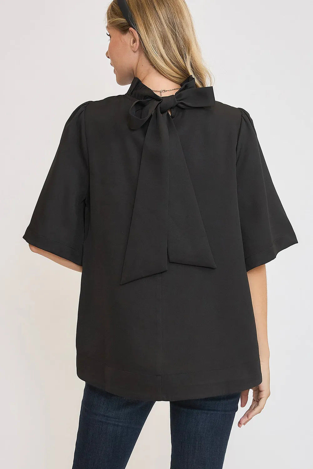 Umgee Bow Tie Back Mock Neck Half Sleeve Blouse | Daverri Fashions