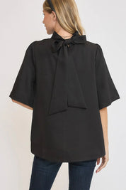 Umgee Bow Tie Back Mock Neck Half Sleeve Blouse | Daverri Fashions
