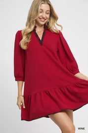 WINE Umgee French Terry Ruffle Hem Dress with Plaid Trim | Mini Dresses Daverri Fashions