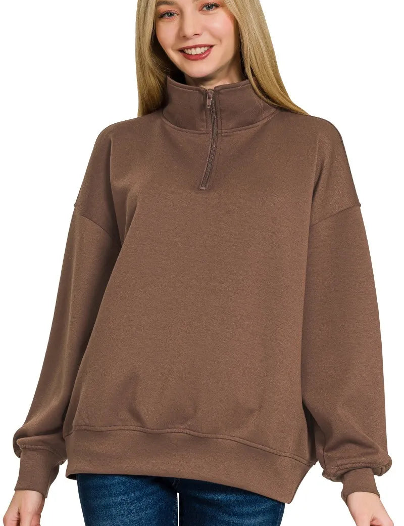 BROWN Zenana Scuba Quarter-Zip Sweatshirt Brown | Sweatshirts Daverri Fashions