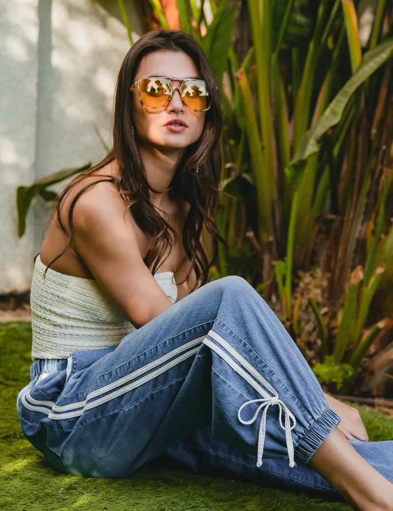 BiBi Striped Tape Details With Bot Tied Point Elastic Waist Jeans | Jeans Daverri Fashions