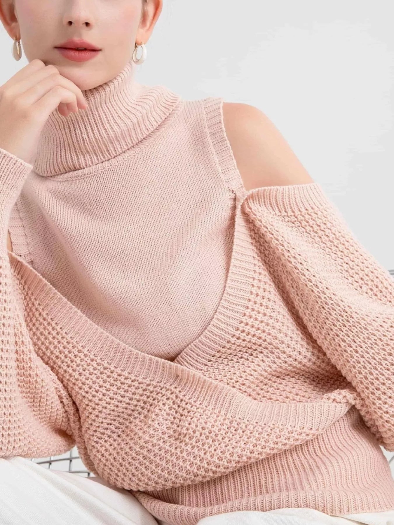 Waffle Knit Cold Shoulder Turtleneck Sweater | Sweaters Daverri Fashions