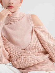 Waffle Knit Cold Shoulder Turtleneck Sweater | Sweaters Daverri Fashions
