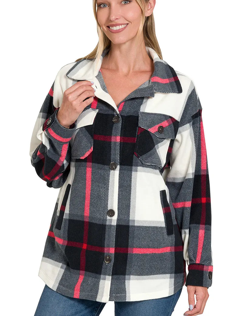 BLACK Zenana Oversized Plaid Fleece Shacket | Shackets Daverri Fashions