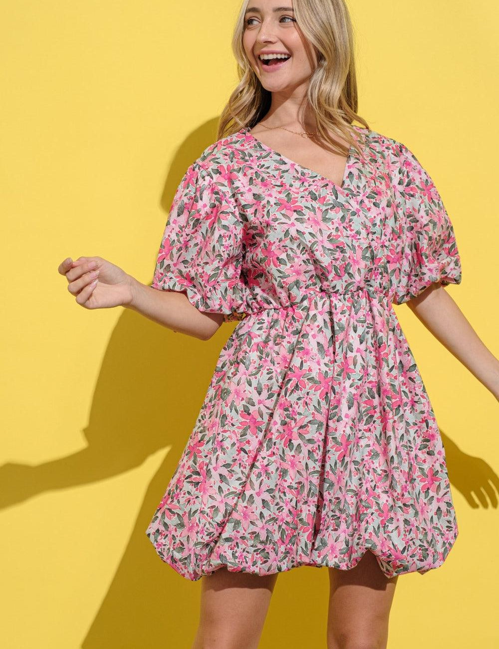 Pink Multi And The Why Full Size Floral Surplice Puff Sleeve Dress | Daverri Fashions