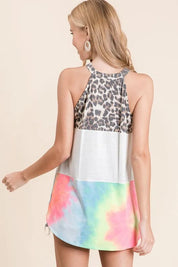 BiBi Leopard and Tie Dye Block Halter Neck Top | Tops Daverri Fashions