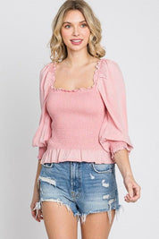 Blush Pink GeeGee Full Size Ruffled Smocked Frill Square Neck Top Plus Size | Tops Daverri Fashions