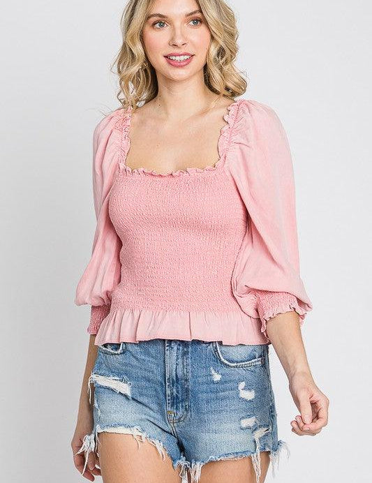Blush Pink GeeGee Full Size Ruffled Smocked Frill Square Neck Top Plus Size | Tops Daverri Fashions