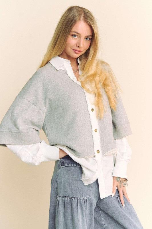 Davi & Dani Faux Layered French Terry Contrast Top | Tops Daverri Fashions