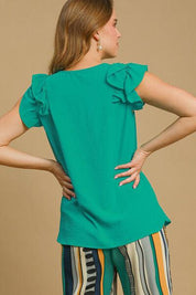 Umgee Full Size V-Neck Double Layered Ruffle Sleeve Blouse Plus Size | Blouses Daverri Fashions