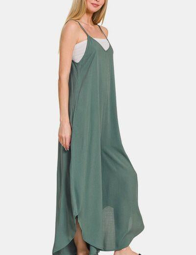 Zenana Sleeveless Curved Hem Wide Leg Overalls with Pockets | Daverri Fashions