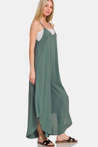 Zenana Sleeveless Curved Hem Wide Leg Overalls with Pockets | Daverri Fashions