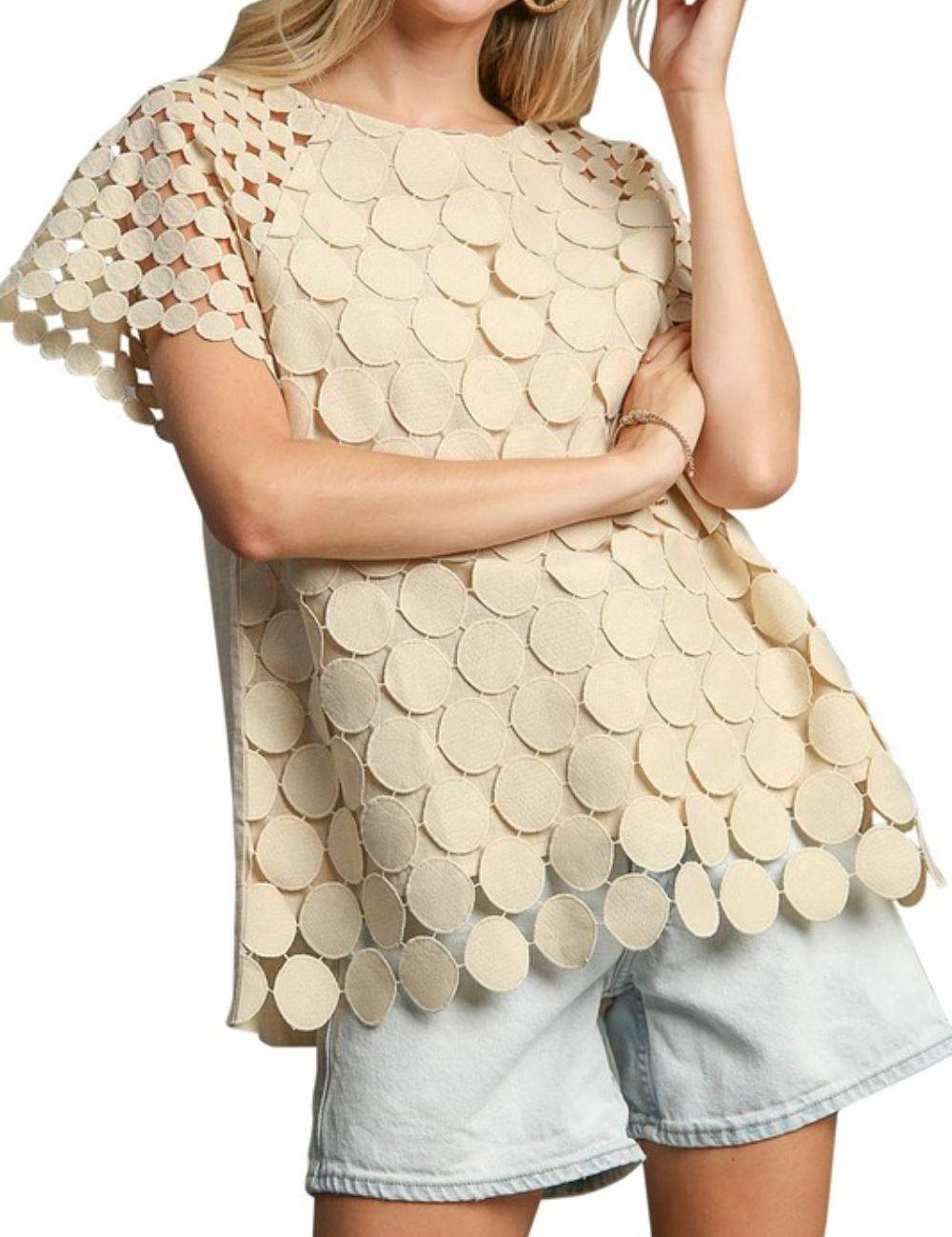 Tan 1XL Umgee Full Size Mixed Polka Dot Lace Raglan Sleeve Boxy Cut Top Plus Size | Tops Daverri Fashions