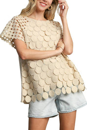 Tan 1XL Umgee Full Size Mixed Polka Dot Lace Raglan Sleeve Boxy Cut Top Plus Size | Tops Daverri Fashions