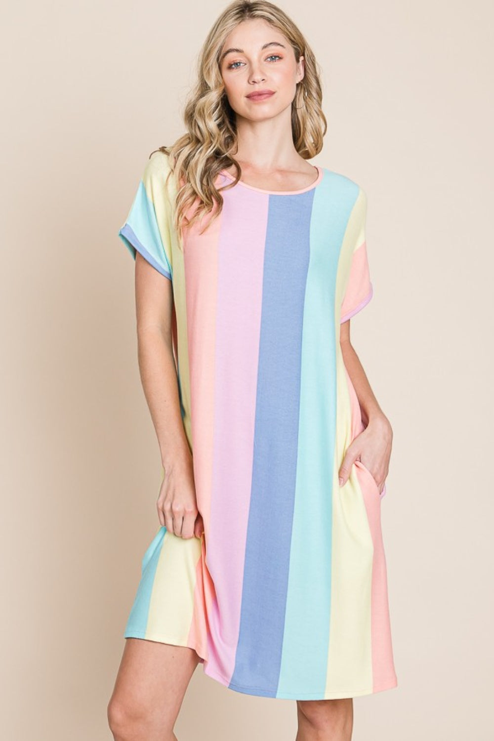 BOMBOM Striped Short Sleeve Dress with Pockets | Daverri Fashions