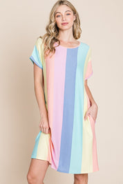 BOMBOM Striped Short Sleeve Dress with Pockets | Daverri Fashions